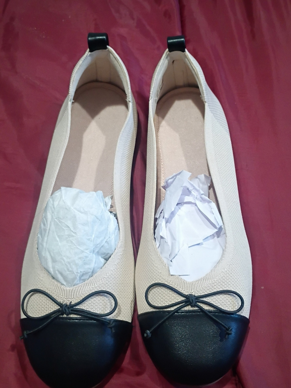 Beige and Black Canvas Cap-Toe Ballet Flats with Bow